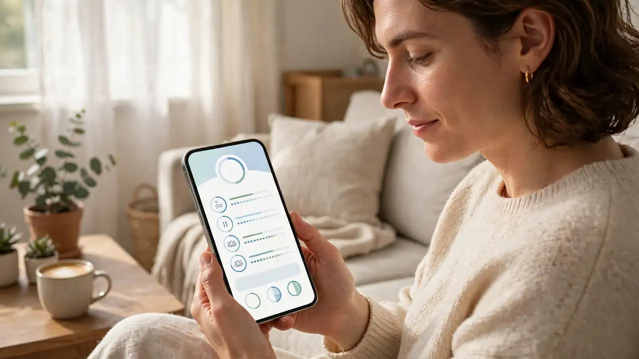A person following a guided digital therapy programme on a phone at home, with short structured sessions and progress check-ins.