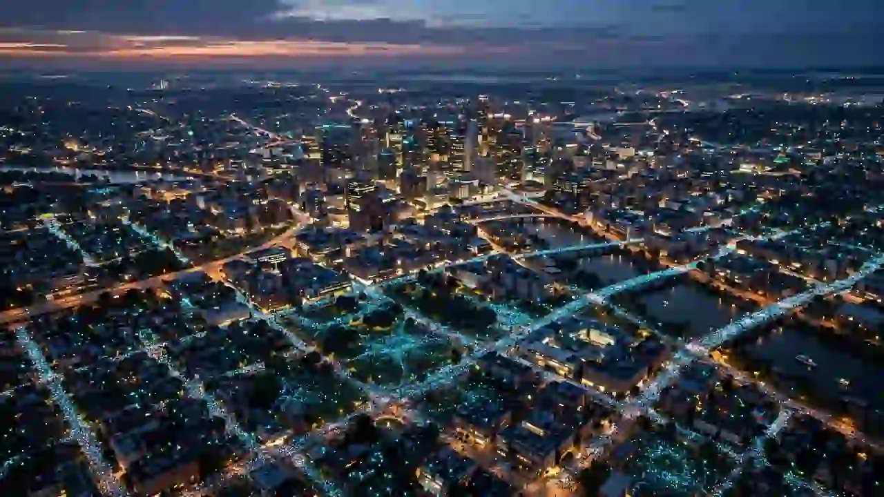 An aerial night view of a sprawling city with glowing streets and bridges, showing the scale of the communities digital care must reach.