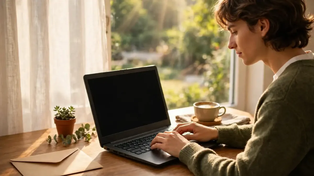 A person writing a newsletter on a laptop at a sunny desk with an envelope and coffee.