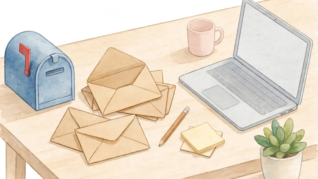 Paper envelopes and a mailbox on a bright desk beside a laptop.