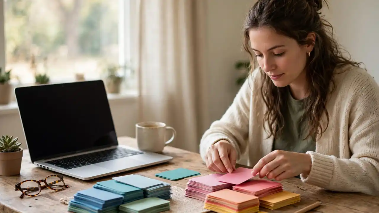 A person sorting colourful index cards into two neat groups on a desk.