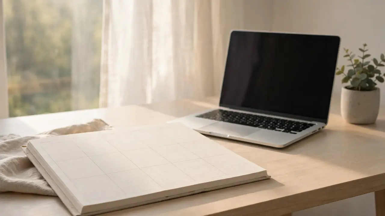 A tidy weekly planner and laptop on a bright desk with a small plant.