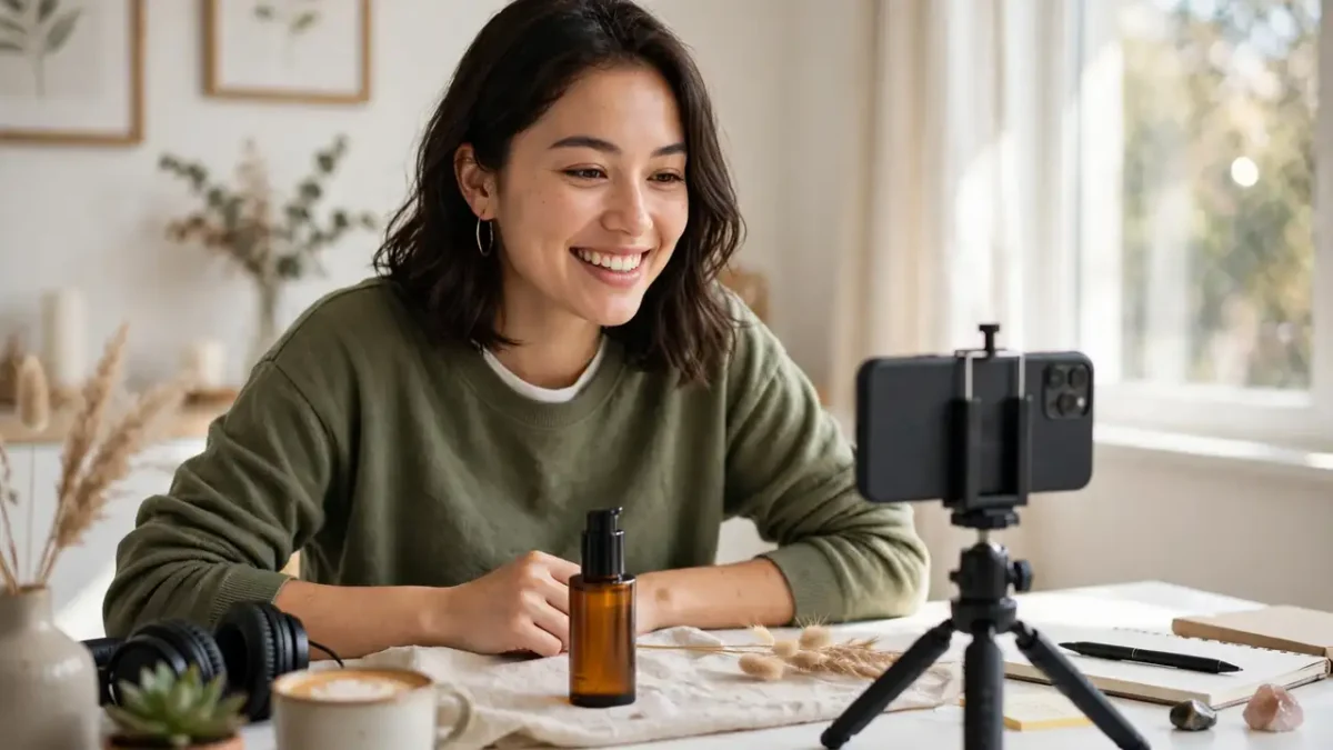 A creator filming a short product video on a phone on a tripod at a bright desk.