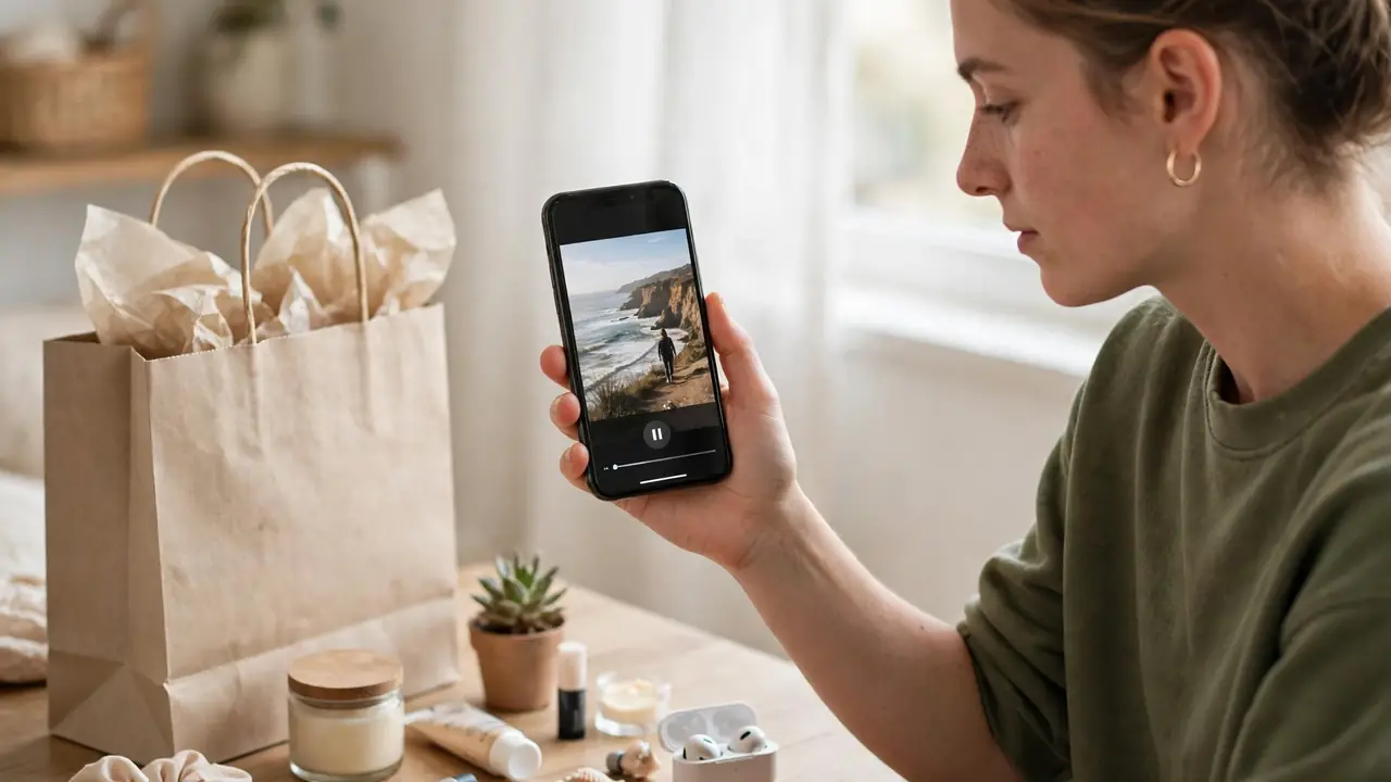 A person holding a phone showing a short video feed, with a shopping bag and small products on a desk.