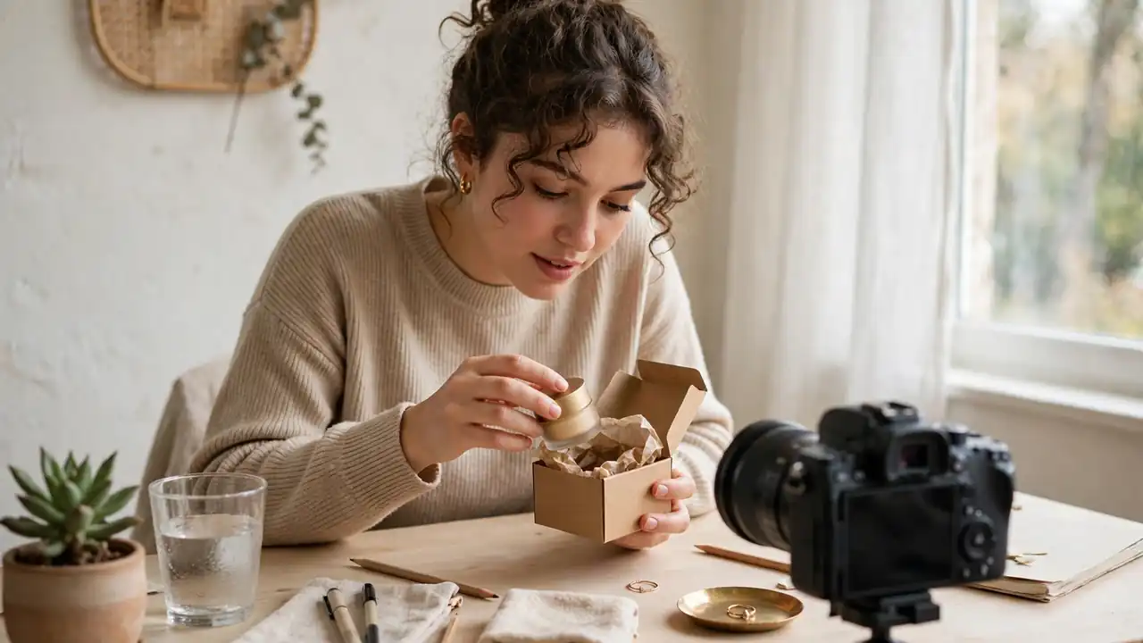 A creator unboxing a small beauty product on camera at a tidy desk.