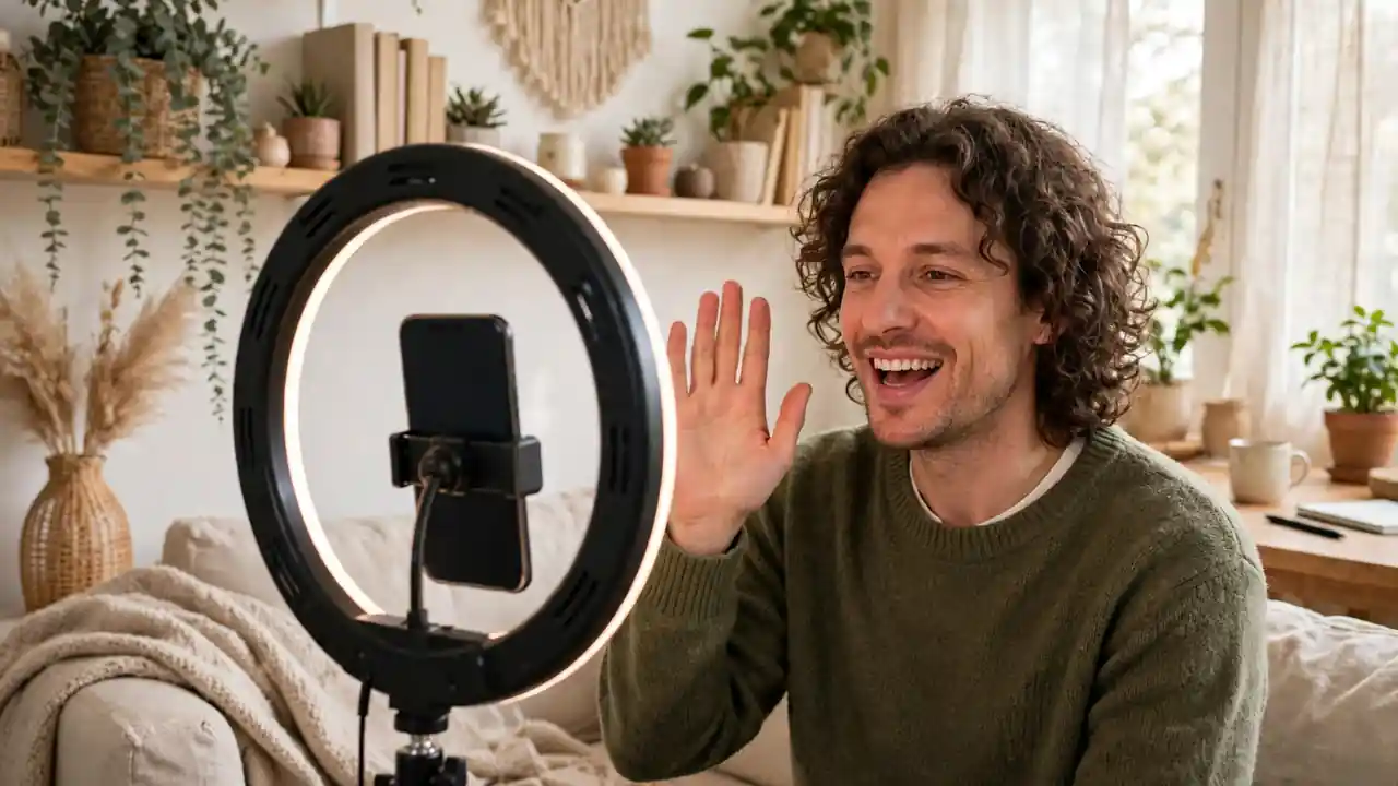 A person livestreaming with a phone and ring light in a bright room.