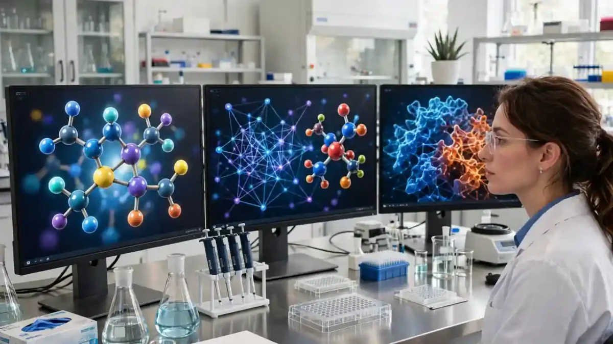 A scientist in a modern laboratory studying drug molecules on AI screens