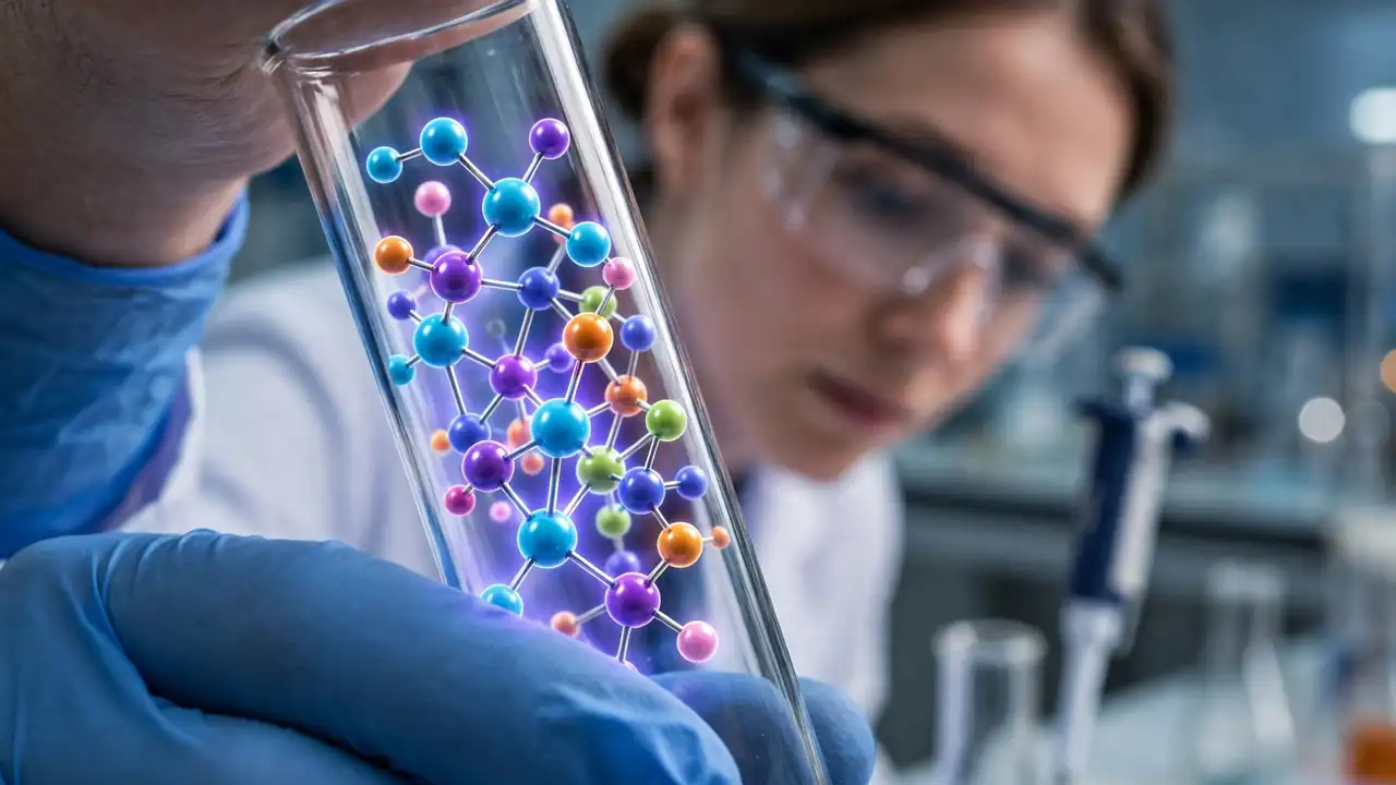 A researcher holding a test tube with molecular structure graphics