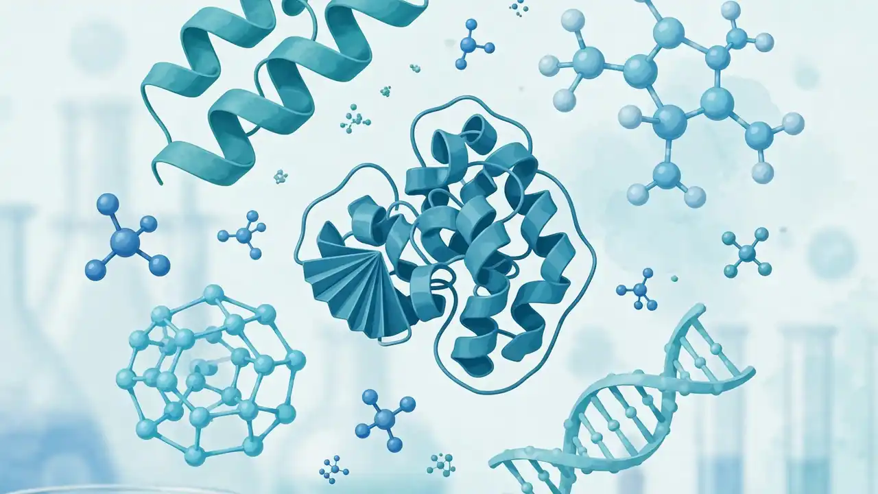 Abstract molecular structures and protein shapes in a laboratory illustration