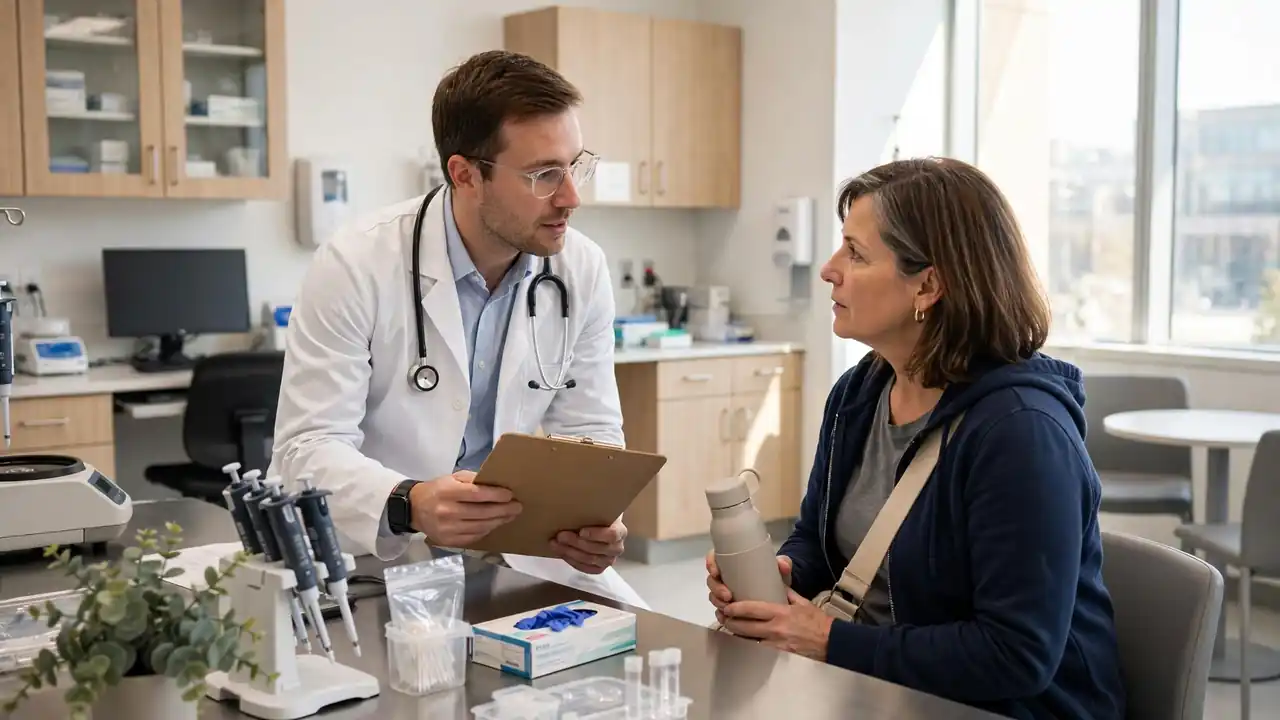 A modern hospital research room with a scientist and patient consultation