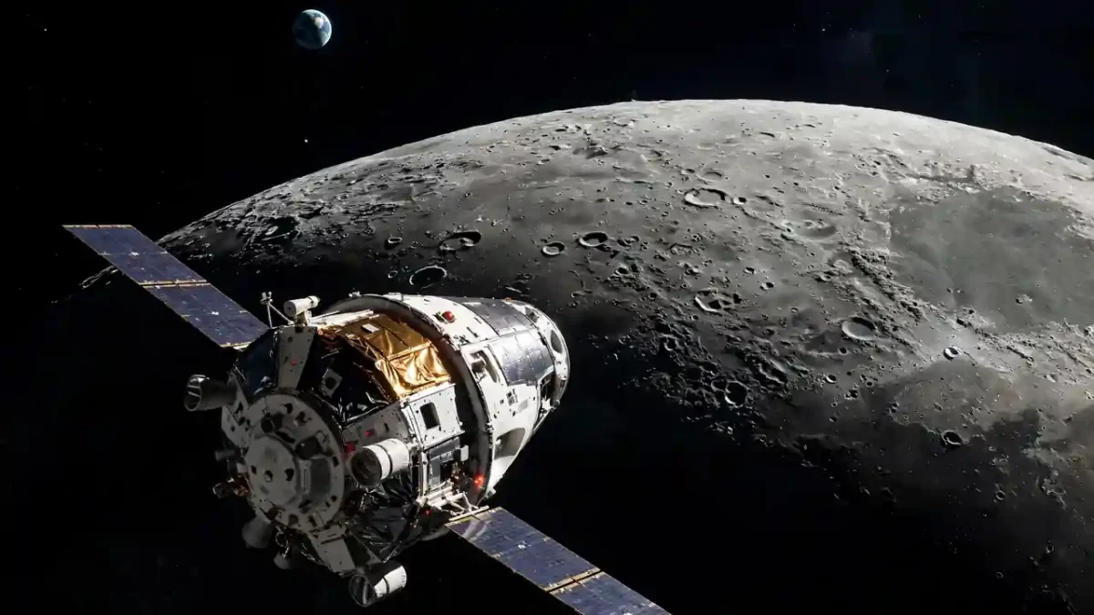 A crewed spacecraft flying past the Moon with Earth glowing small in the black sky behind it