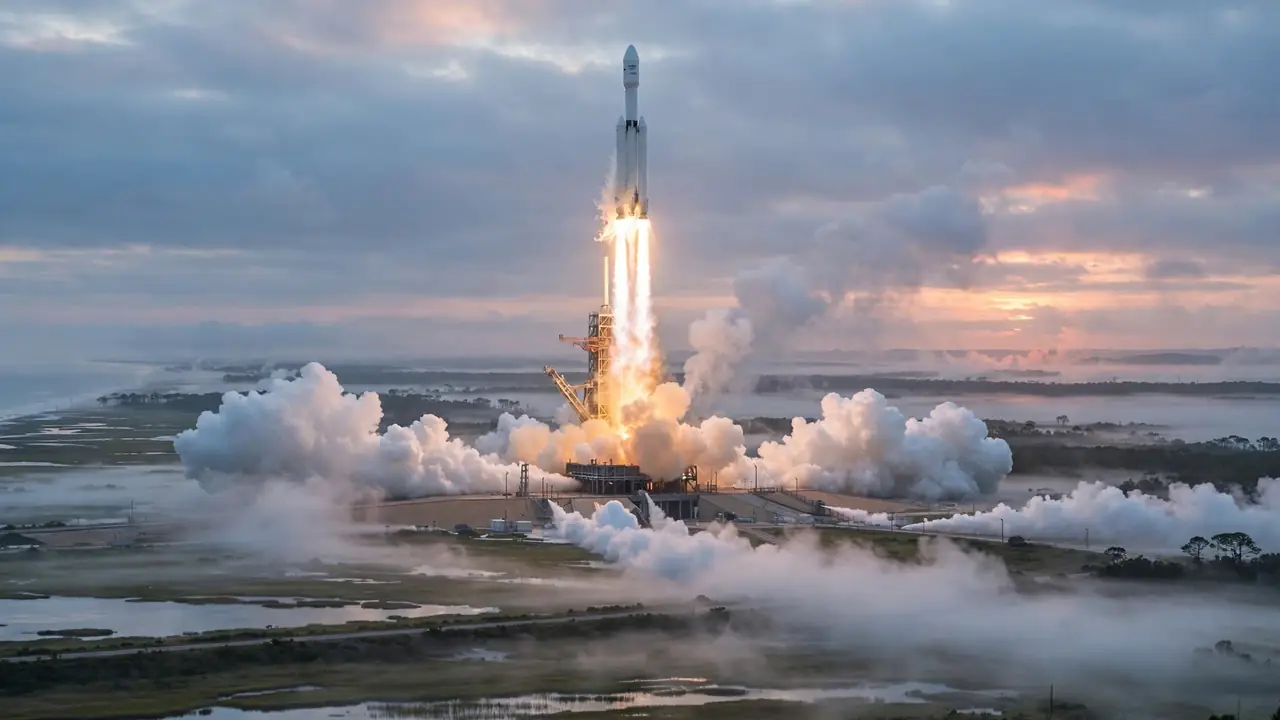 A huge white rocket lifting off from a launch pad at dawn with bright flames and clouds of steam