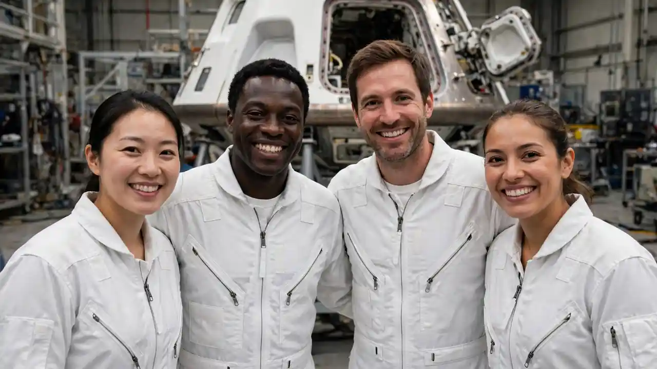 Four astronauts in white flight suits smiling together in front of a spacecraft during training