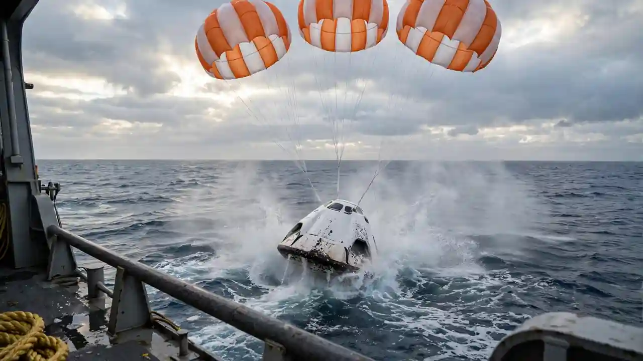 A capsule splashing down into the Pacific Ocean under orange and white parachutes