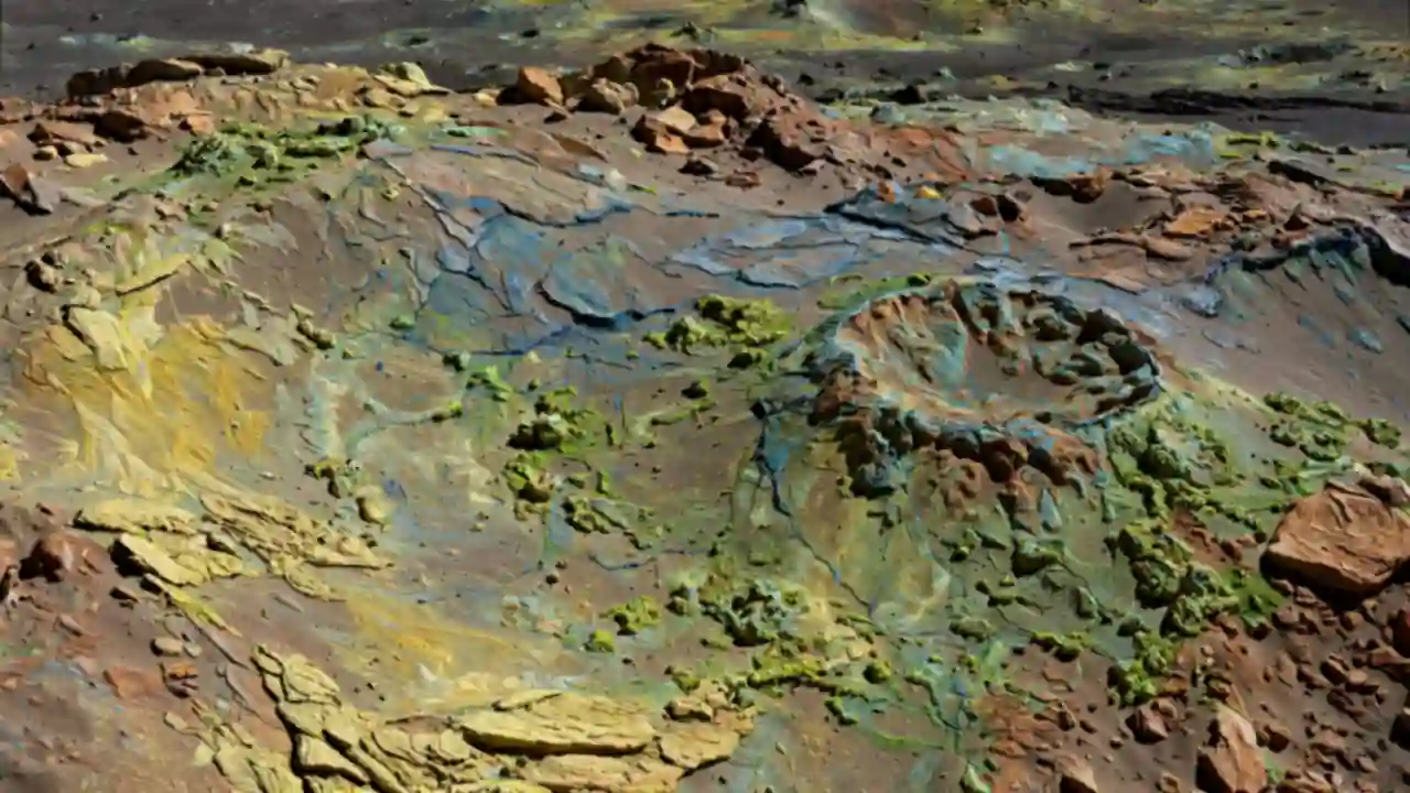 The Moon's near side shown in muted yellows, greens, browns and blues, its varied mineral colours marking ancient lava flows and impact ejecta.