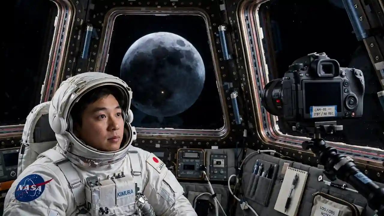 An astronaut watching from a spacecraft window as a tiny pinpoint flash appears on the dark, eclipsed surface of the Moon.