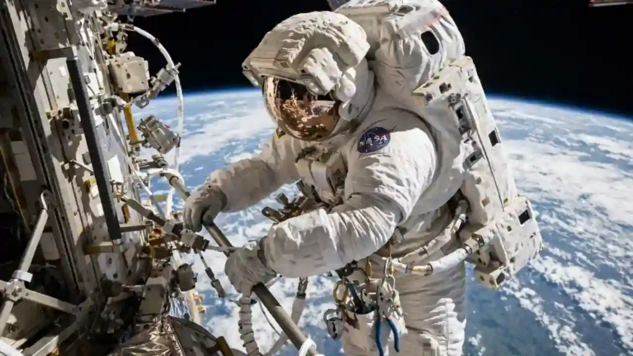 Astronaut in a white spacesuit working with tools and tethers on a space station handrail above Earth