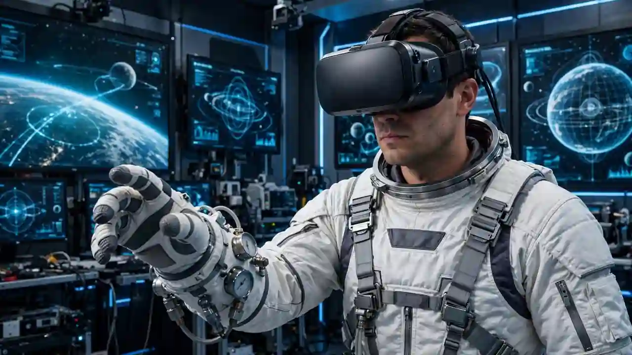 Astronaut training with a virtual reality headset and spacesuit glove in a training room