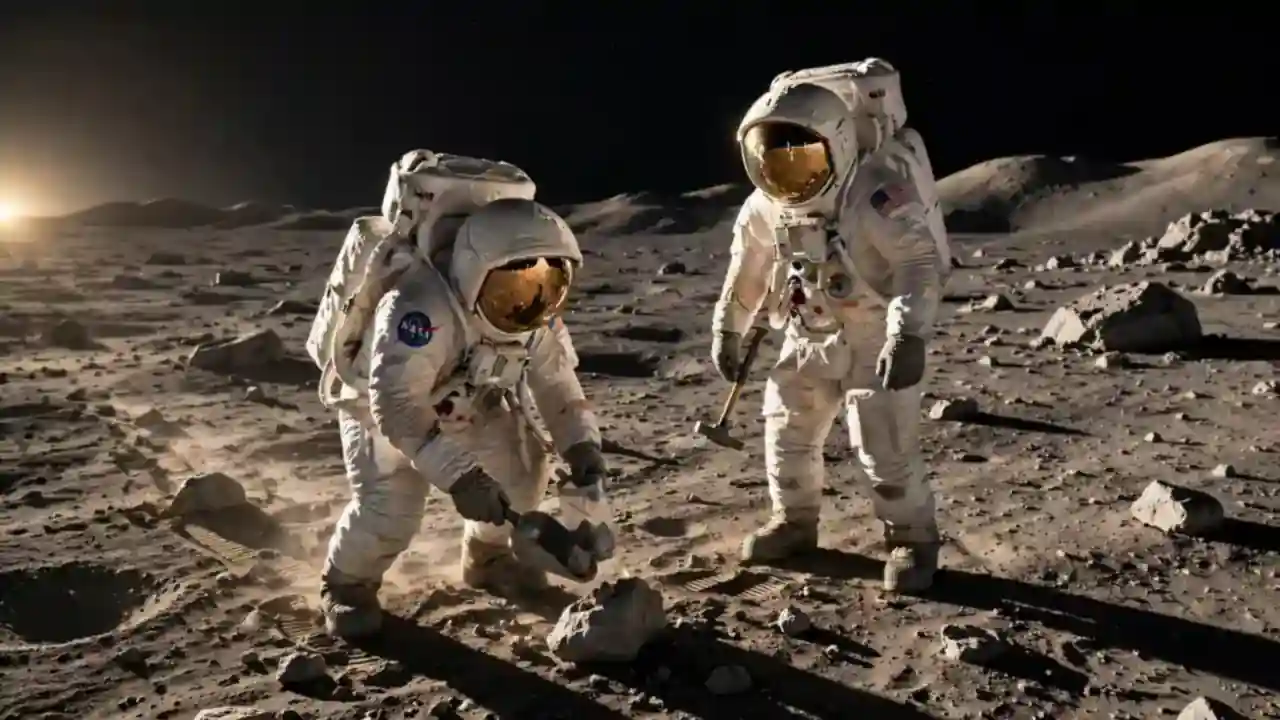 Two astronauts in white spacesuits practising geology sample collection on the grey lunar surface