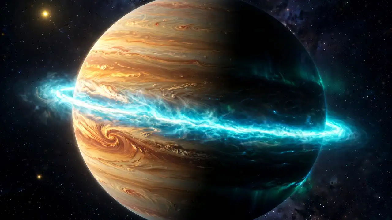 The hot Jupiter WASP-17b shown with a slightly egg-shaped outline and a banded equatorial jet stream, its dayside glowing under intense starlight.