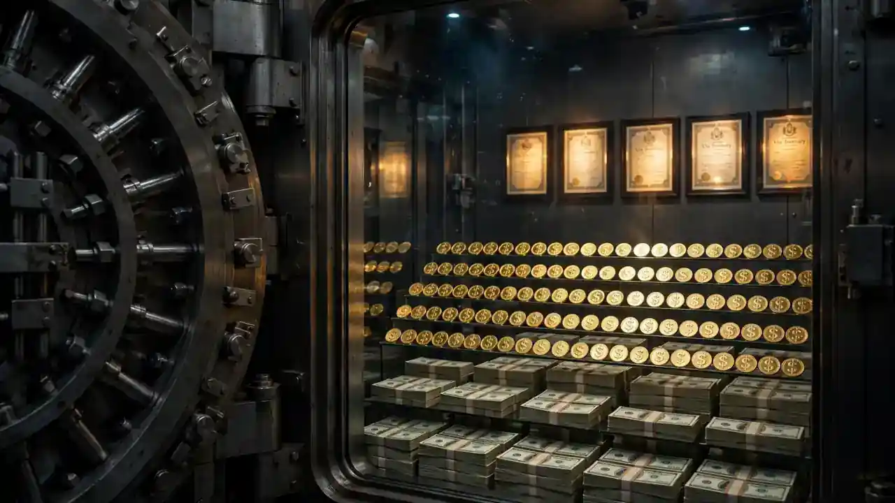 Open bank vault interior with stacks of coins and bundled dollar bills under spotlights