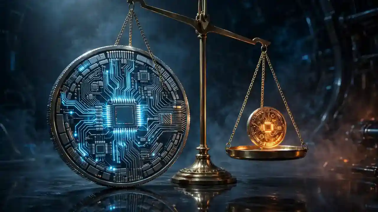 Glass hourglass filled with golden dollar coins against a blurred trading chart background