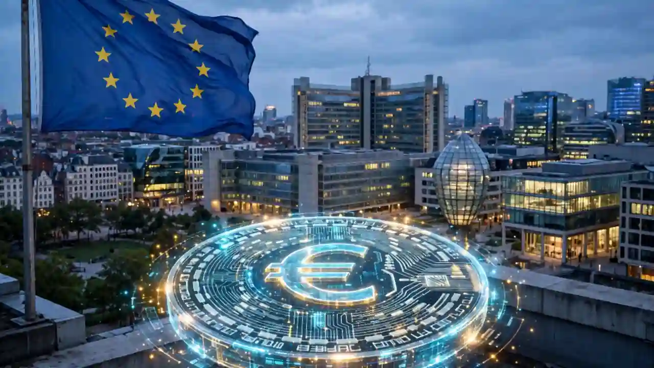 European Union flag with gold stars waving beside a glass government building at dusk