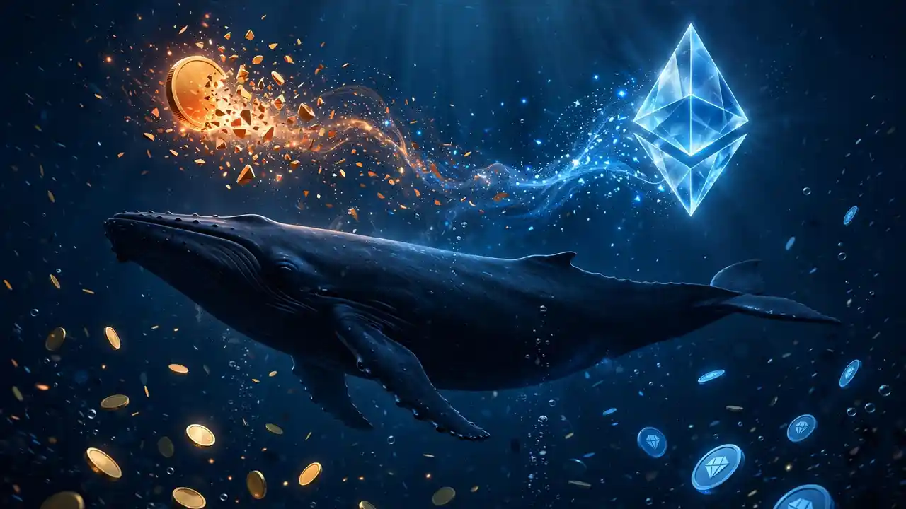 A whale silhouette between a glowing orange coin and a glowing blue Ethereum diamond, showing the Bitcoin-to-Ethereum rotation