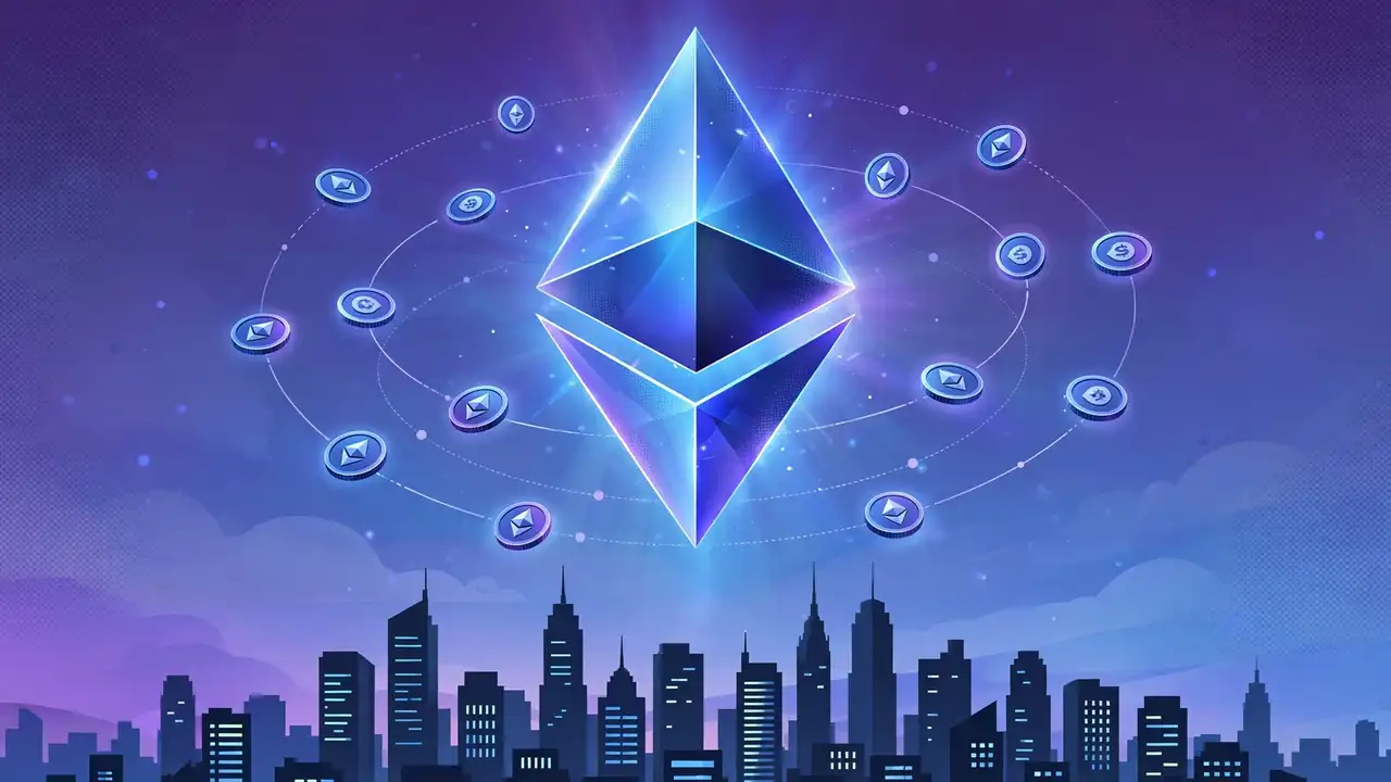 A corporate vault door open with stacks of glowing Ethereum coins inside