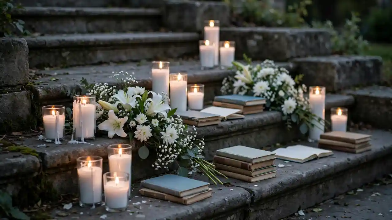Candles, flowers and school books placed as a memorial