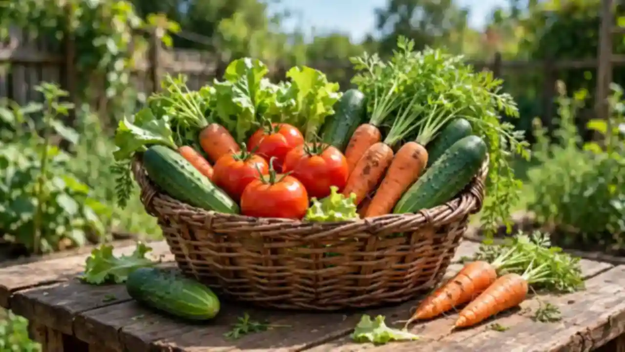 A woven basket full of freshly harvested tomatoes, lettuce, carrots and cucumbers on a garden table