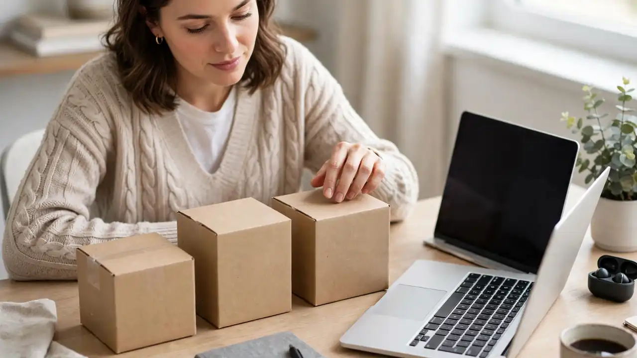 A person comparing three simple product boxes on a desk beside a laptop.