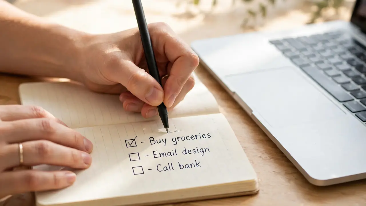 Hands writing a short checklist in a notebook beside a laptop.