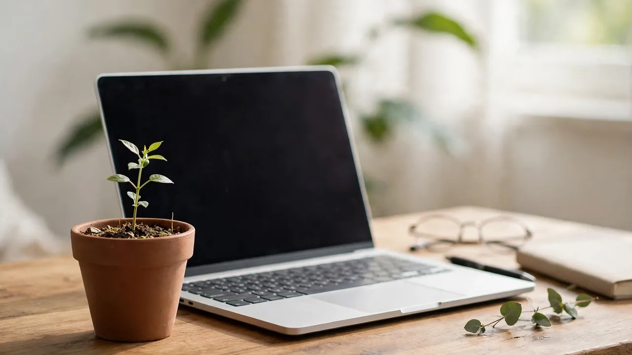 A small plant growing in a pot on a desk next to a laptop.