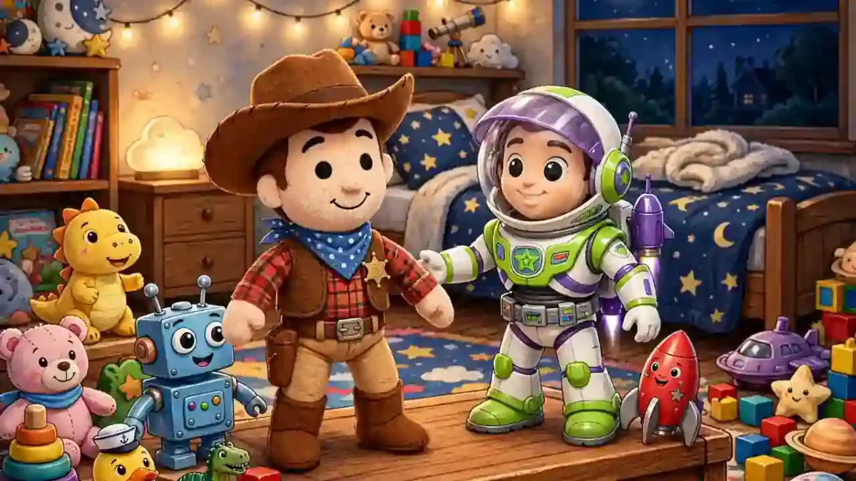Colourful animated toys in a child's bedroom at night, a cowboy doll and space ranger toy.