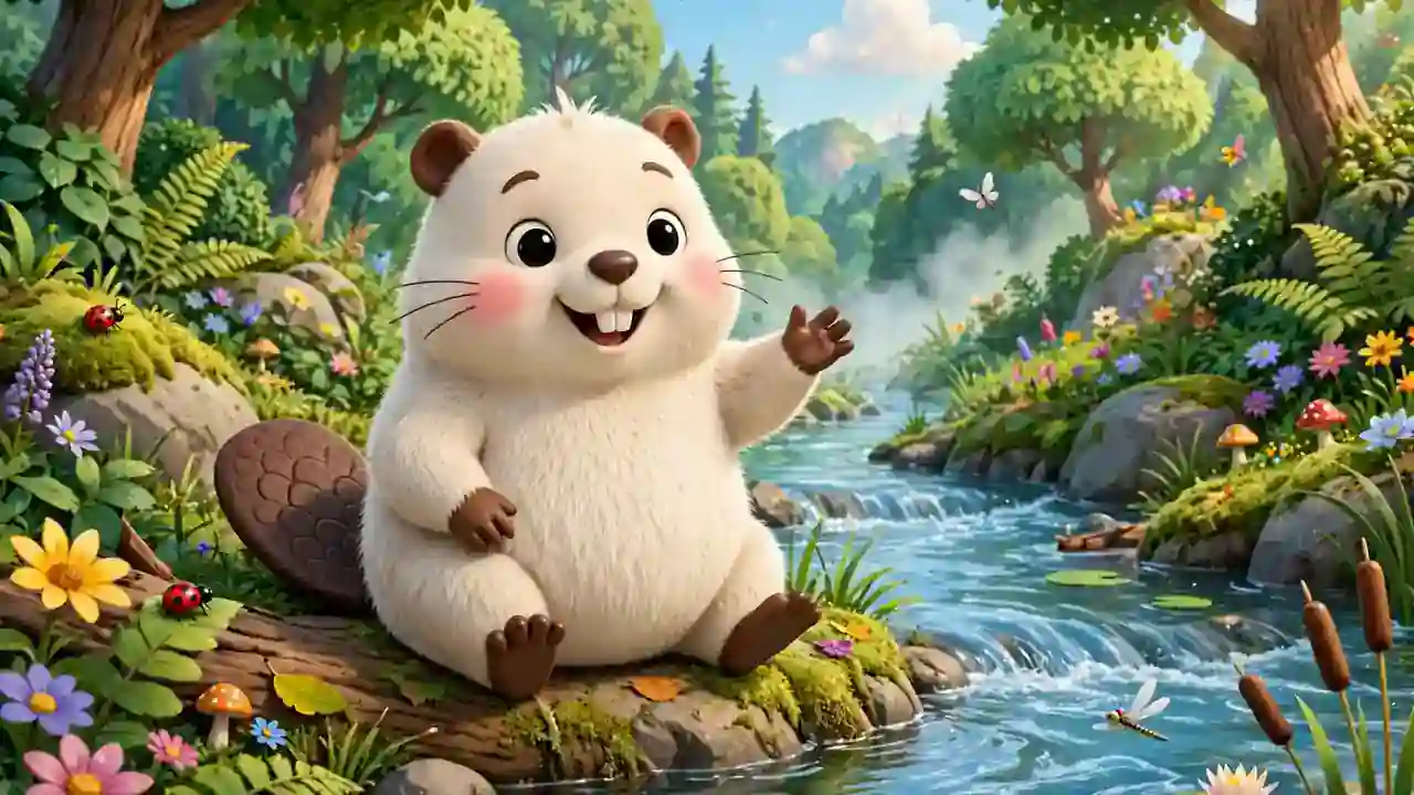 A friendly cartoon beaver in a lush green forest beside a river.