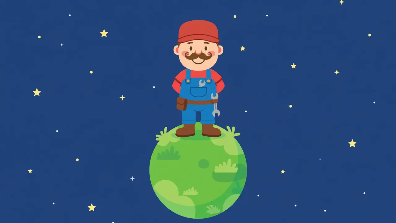 A simple cartoon hero standing on a small round green planet in a starry sky.