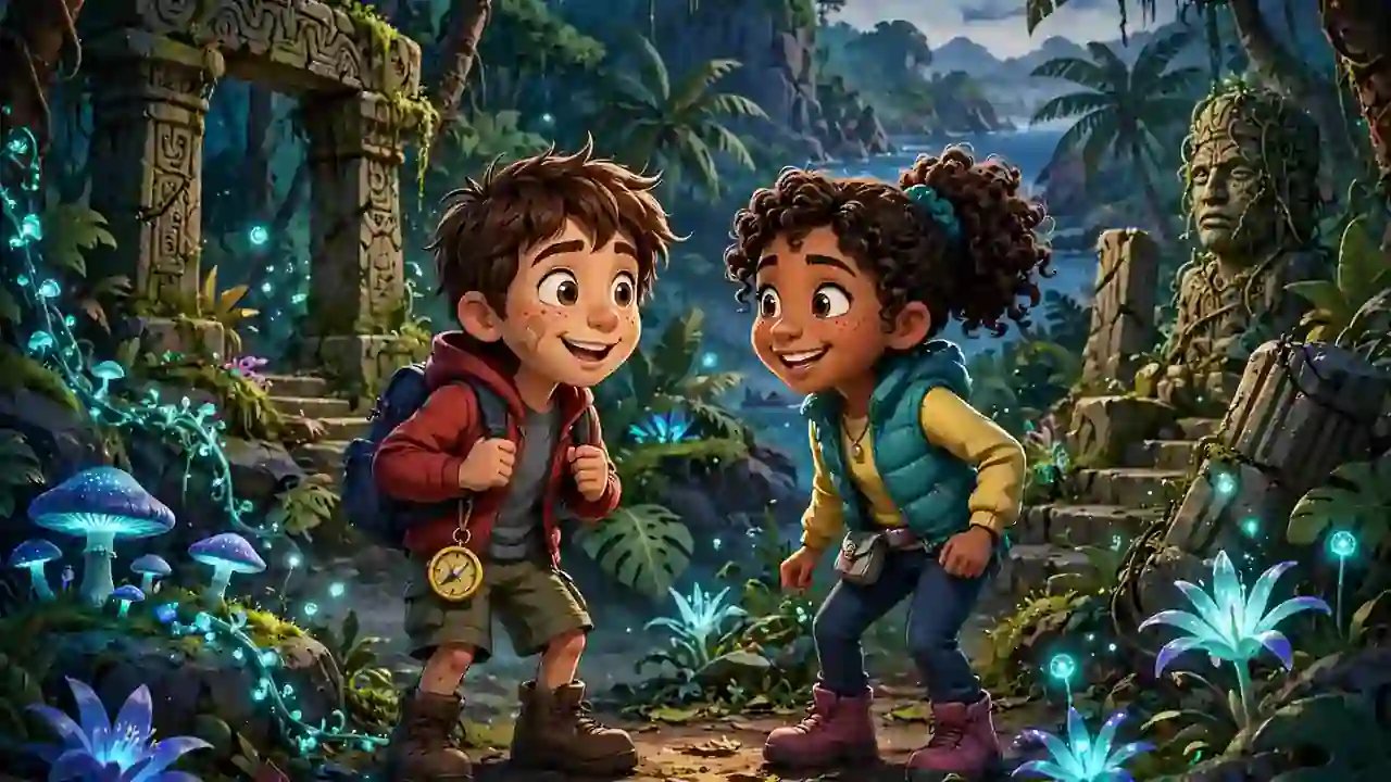 Two cartoon children friends on a mysterious tropical island with glowing plants.