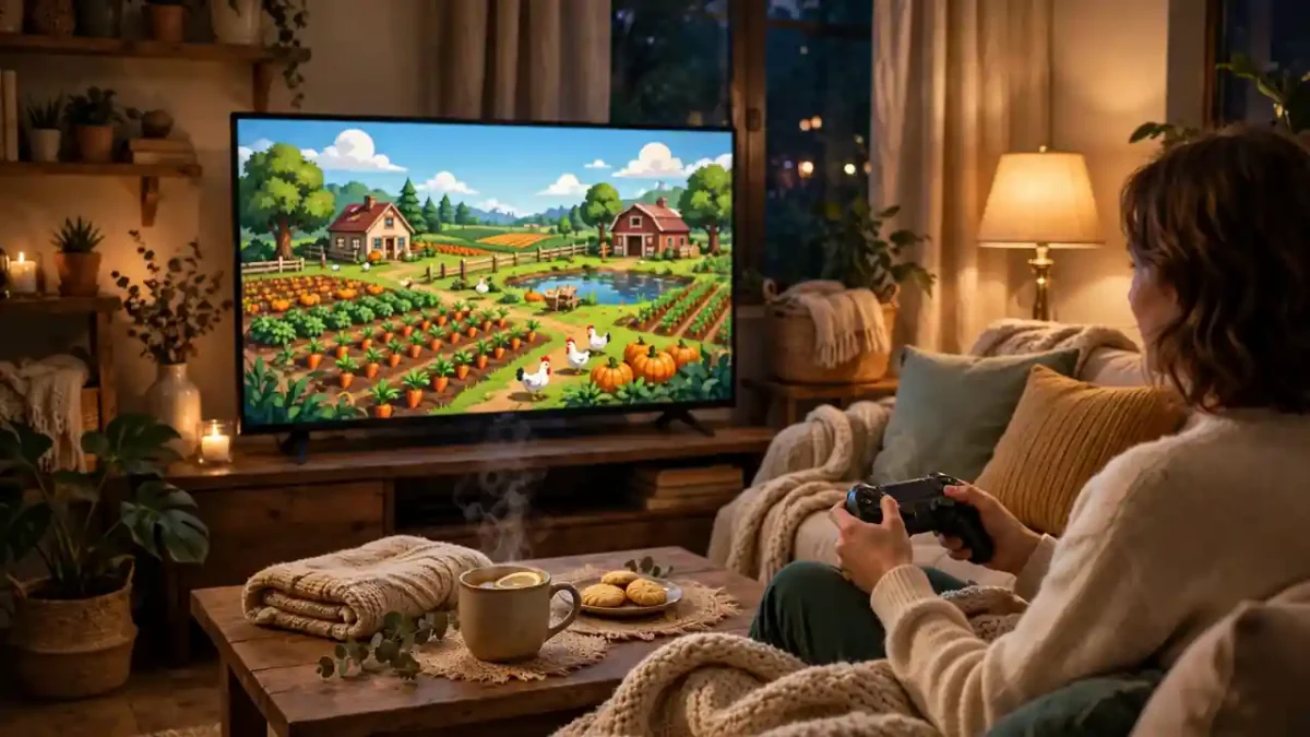 A cozy living room in the evening with a person playing a colourful farming game on television.