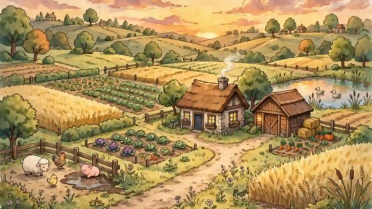 A cute farm village with fields, a small cottage and animals at sunset.