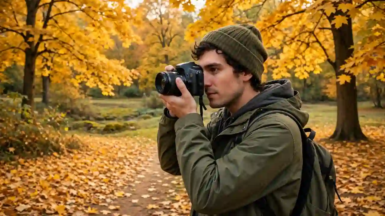 A person taking a photo in a beautiful autumn park with golden leaves.