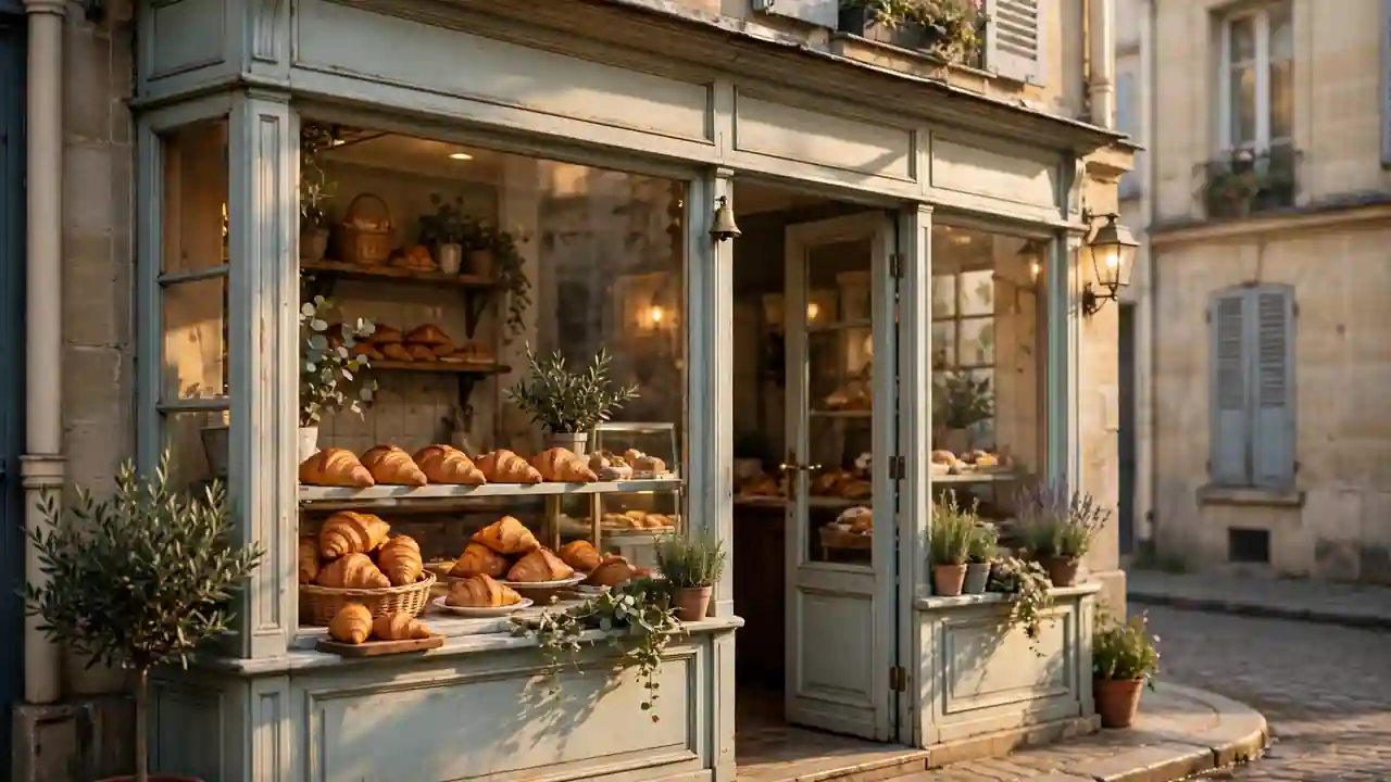A small bakery shop front on a charming street with croissants in the window.