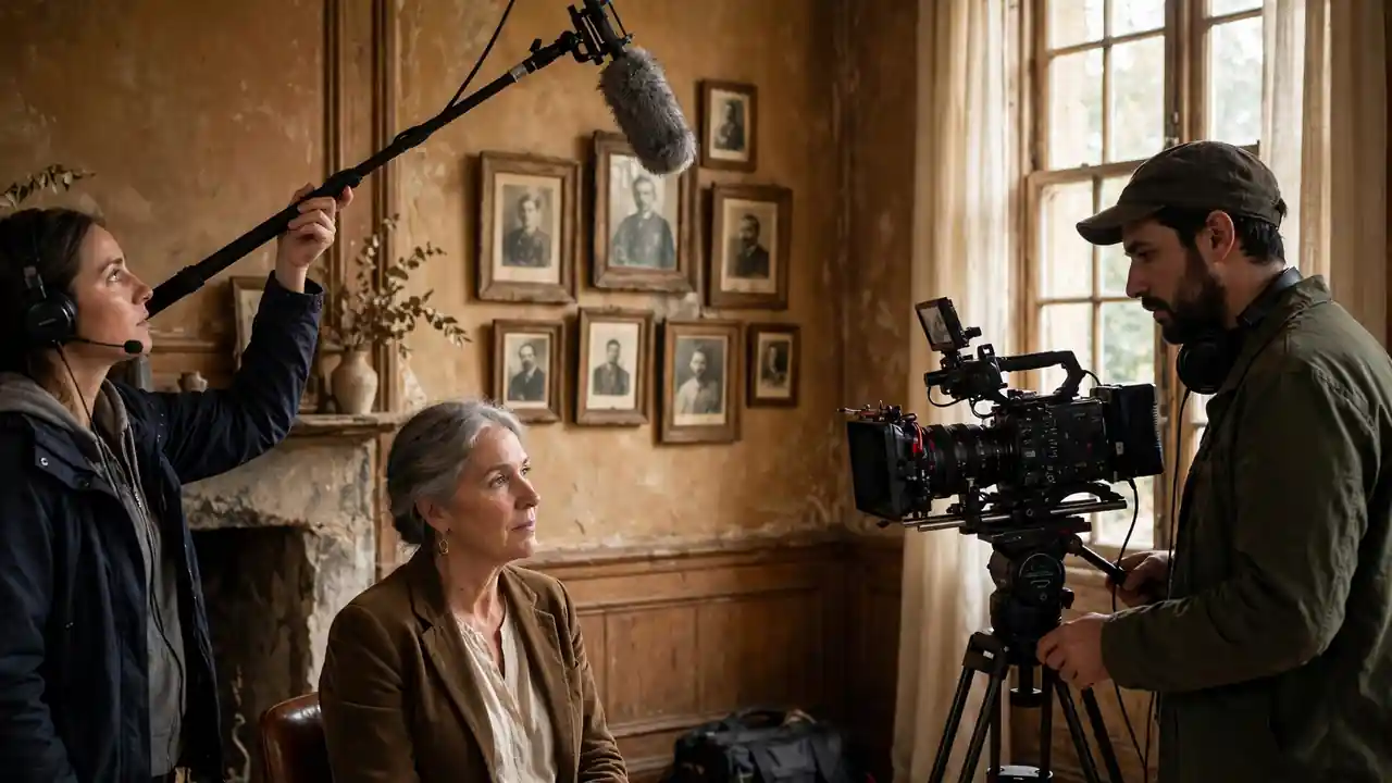A documentary film crew with a professional camera filming an interview in a warm historic room