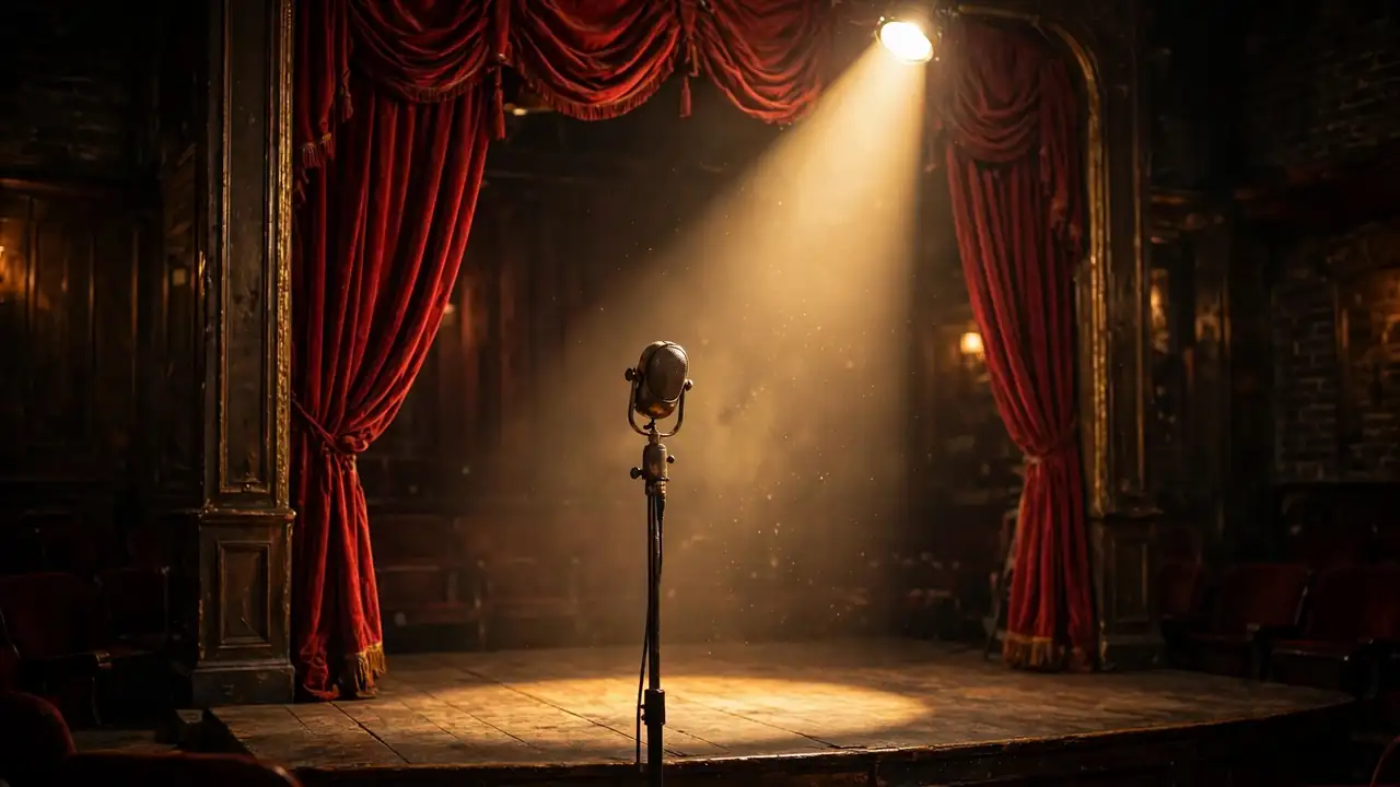 A vintage theatre stage with a single spotlight and an old microphone before a red curtain