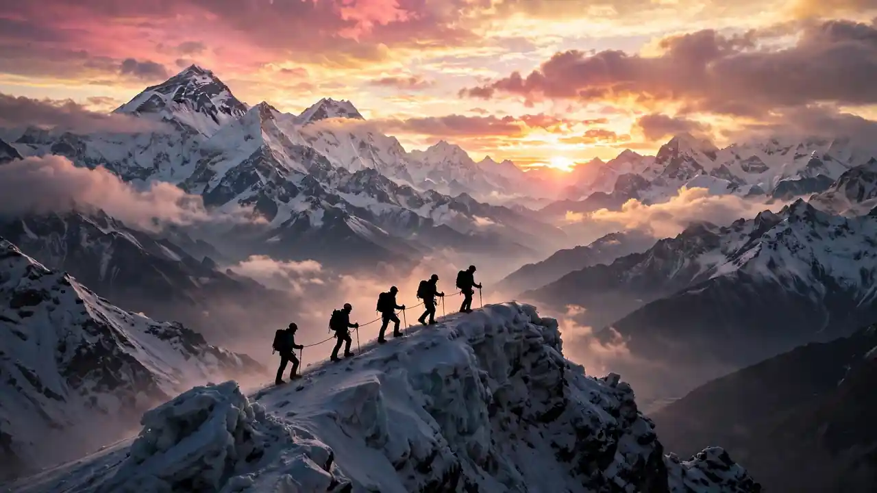 Snow-capped Himalayan peaks at sunrise with climbers silhouetted on a snowy ridge