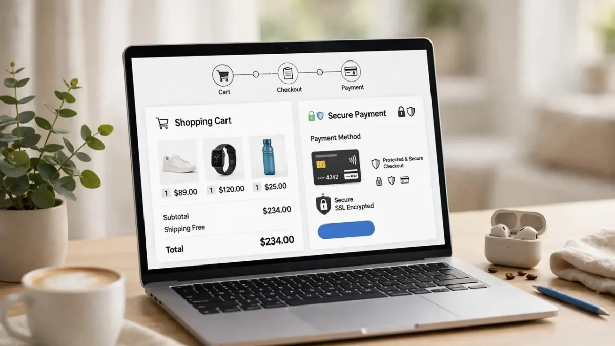 An online store checkout on a laptop with a shopping cart
