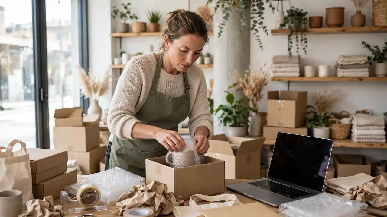 A small business owner packing online orders in a bright shop