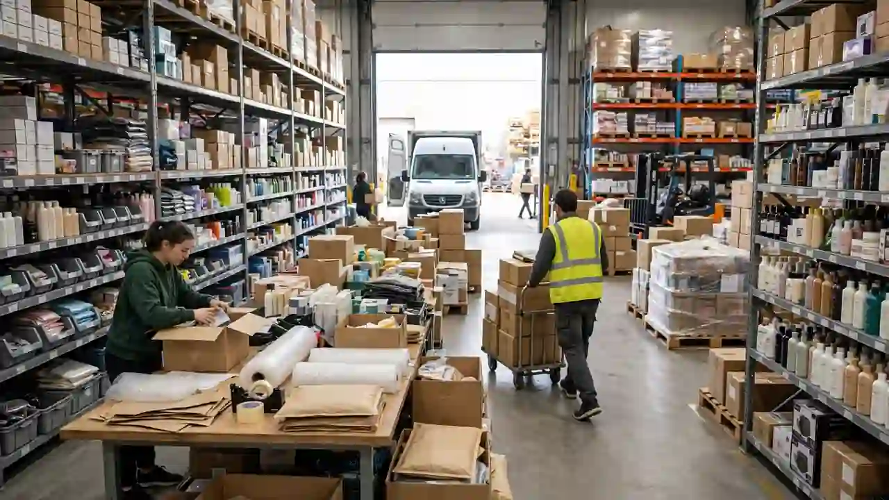 A busy online store warehouse with shelves of products