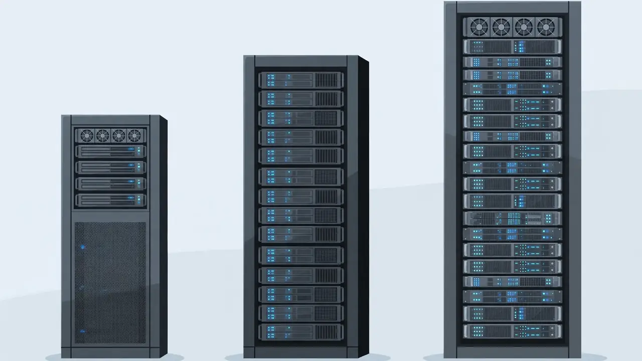 Three modern server racks of different sizes side by side