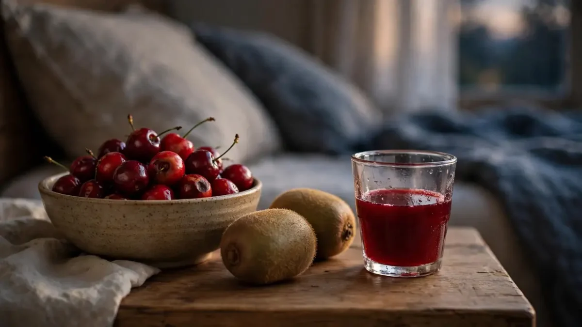 A bowl of tart cherries, two kiwis and a small glass of tart cherry juice on a bedside table.